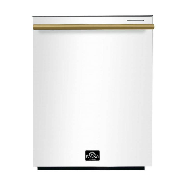 FORNO Espresso Package - 30" Electric Range, Range Hood, Refrigerator and Dishwasher in White with Antique Brass Handles