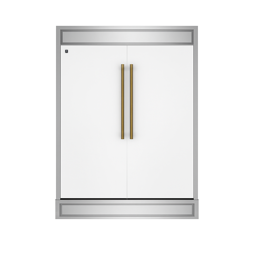 FORNO Maderno 60" 27.2 cu.ft. Convertible Refrigerator and Freezer with Modern Trim Kit in White with Antique Brass Handles, FFFFD1722-60MG-WHT