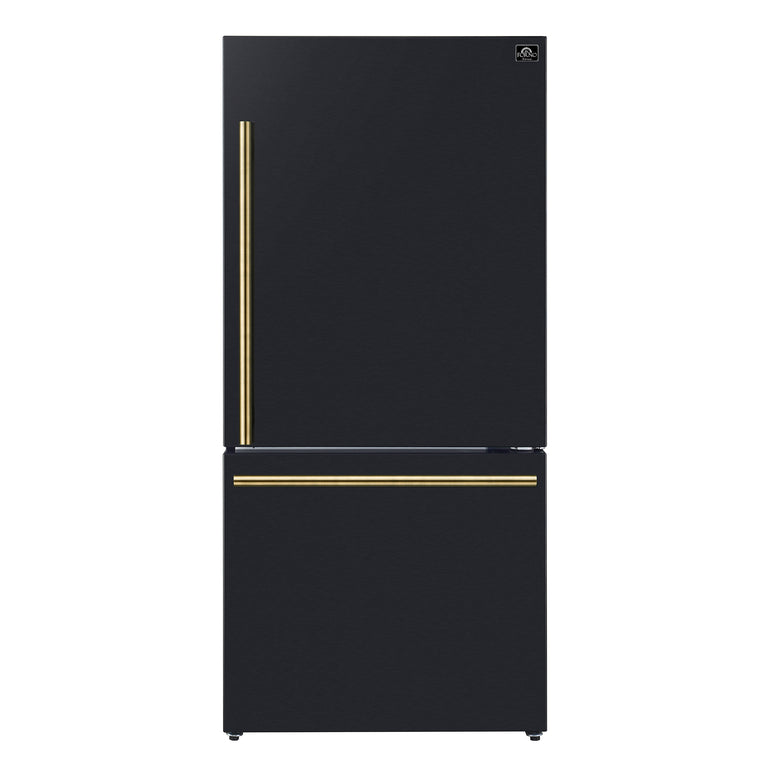 FORNO Espresso Package - 30" Electric Range, Refrigerator and Dishwasher in Black with Antique Brass Handles