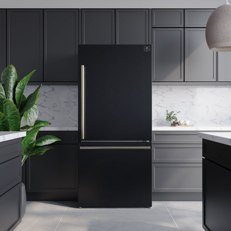 FORNO Espresso Milano 31" 17.2 cu. ft. Right Swing Refrigerator and Bottom Freezer in Black with Silver Handles, FFFFD1785-31BLK