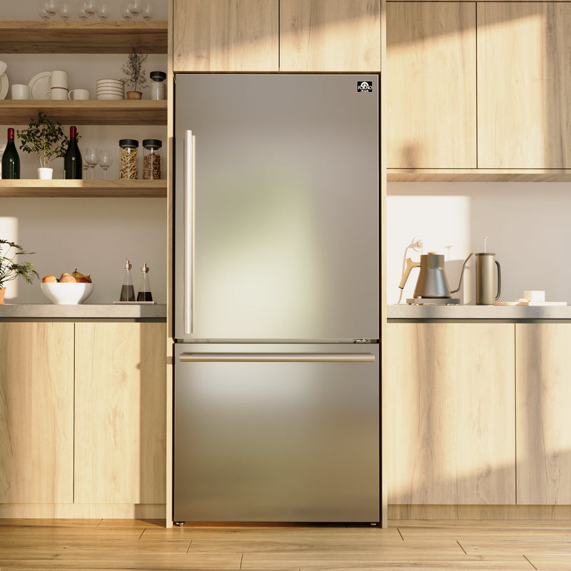 FORNO Espresso Milano 31" 17.2 cu. ft. Right Swing Refrigerator and Bottom Freezer in Stainless Steel with Silver Handles, FFFFD1785-31S