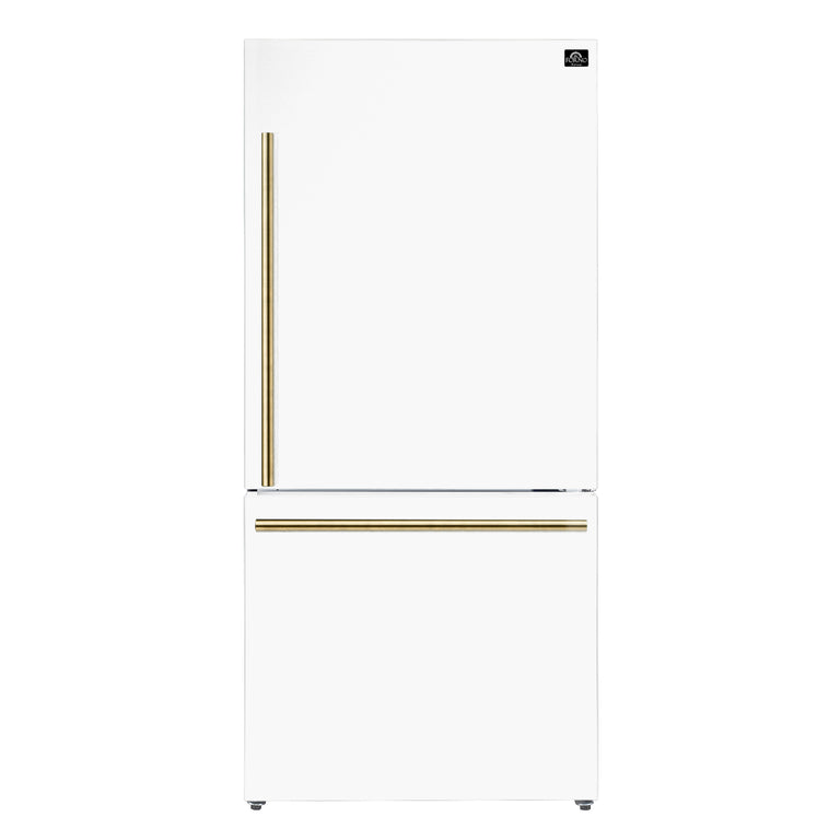 FORNO Espresso Package - 30" Electric Range, Range Hood and Refrigerator in White with Antique Brass Handles, FBDL-001-03US