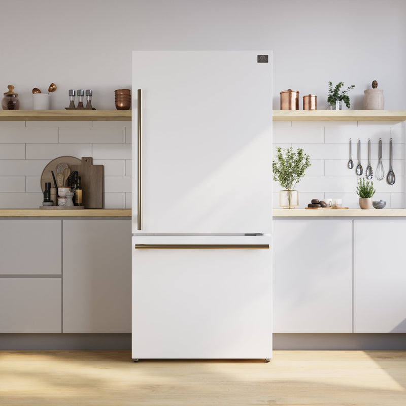 FORNO Espresso Milano 31" 17.2 cu. ft. Right Swing Refrigerator and Bottom Freezer in White with Antique Brass Handles, FFFFD1785-31WHT