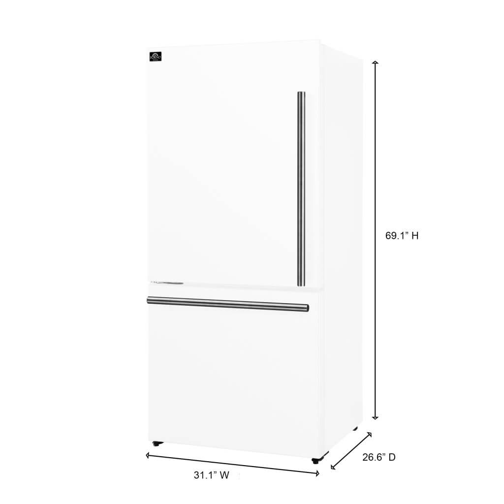 FORNO Espresso Milano 31" 17.2 cu. ft. Left Swing Refrigerator and Bottom Freezer with Ice Maker in White and Antique Brass Handles, FFFFD1786-31WHT
