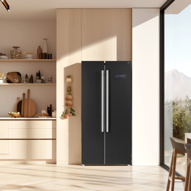 FORNO Espresso Package - 30" Electric Range, Range Hood and Refrigerator in Black with Antique Brass Handles