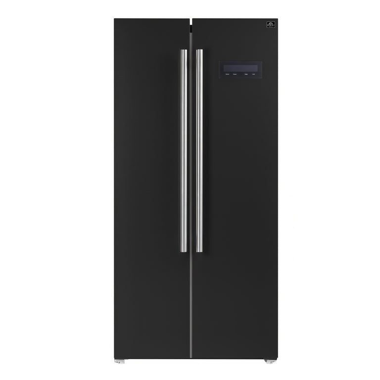 FORNO Espresso Package - 30" Electric Range, Range Hood and Refrigerator in Black with Silver Handles