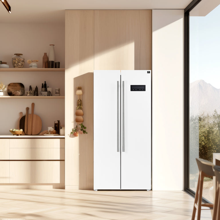 FORNO Espresso Package - 30" Electric Range, Range Hood and Refrigerator in White with Antique Brass Handles