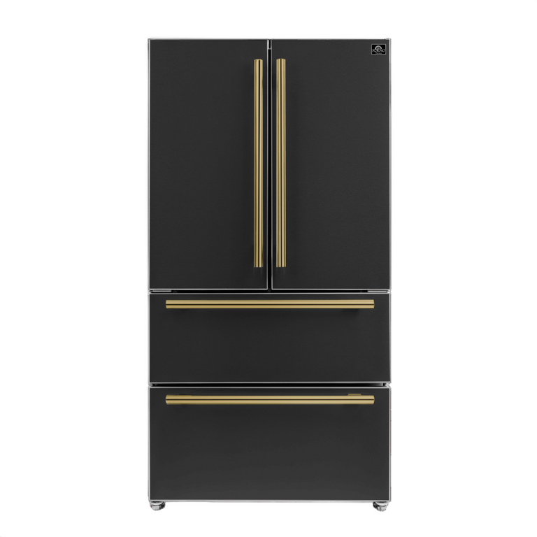FORNO Espresso Package - 30" Electric Range, Range Hood and Refrigerator in Black with Antique Brass Handles