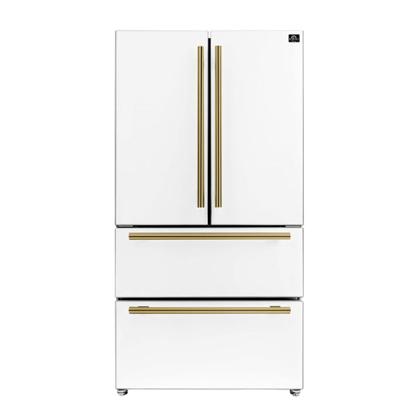 FORNO Espresso Moena 36" 19.2 cu. ft. Refrigerator with Ice Maker in White with Antique Brass Handles, FFRBI1820-36WHT