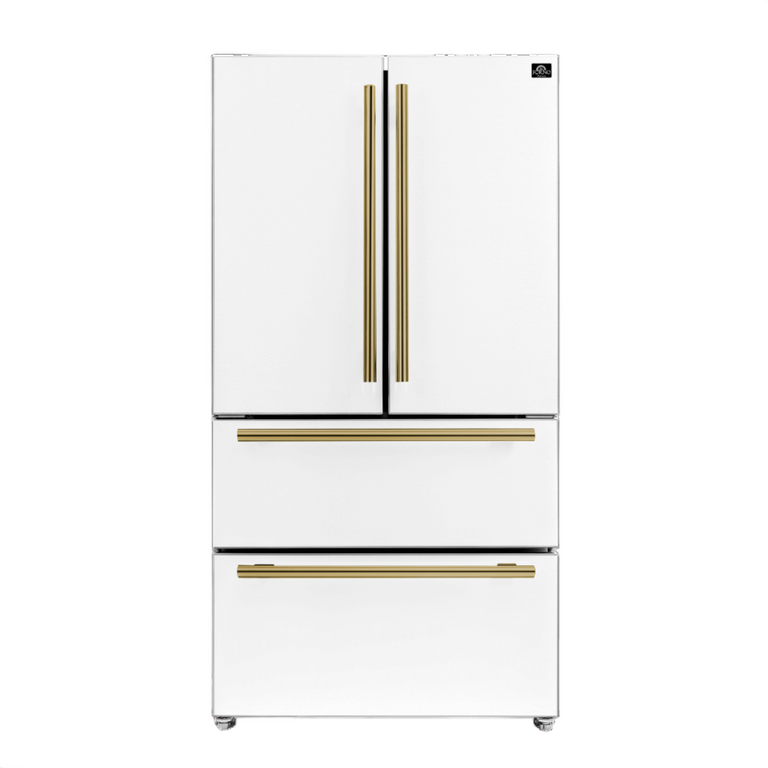 FORNO Espresso Package - 30" Electric Range and Refrigerator in White with Antique Brass Handles