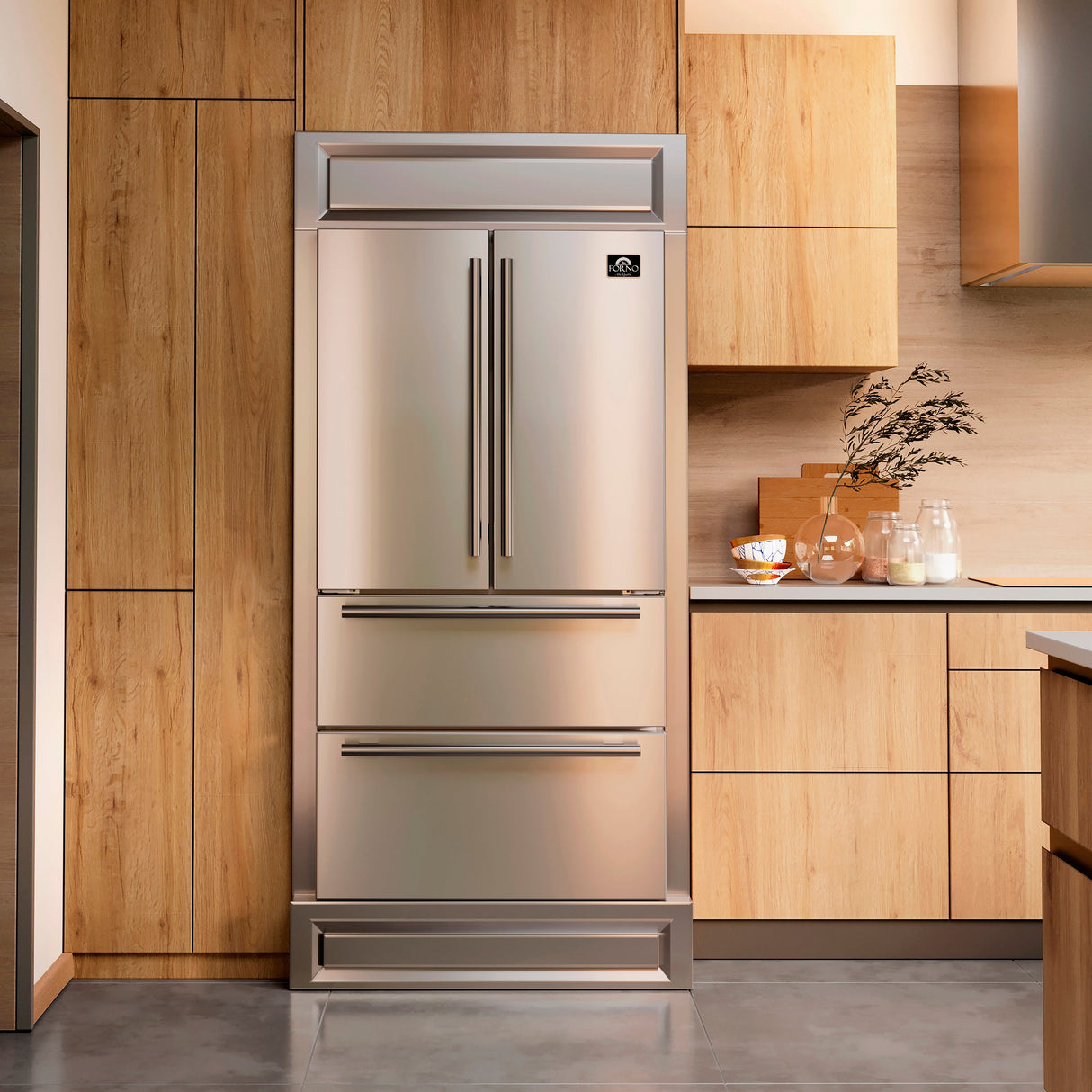 FORNO Moena 40" 19.2 cu. ft. French Door Built-In Refrigerator in Stainless Steel with Ice Maker and Modern Trim Kit, FFRBI1820-40MG