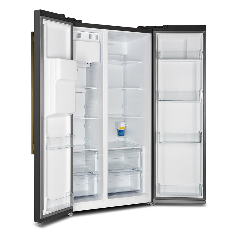FORNO Espresso Salerno 36" 20 cu. ft. Side-By-Side Refrigerator with Water and Ice Dispenser in Black with Antique Brass Handles