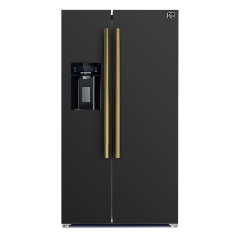 FORNO Espresso Salerno 36" 20 cu. ft. Side-By-Side Refrigerator with Water and Ice Dispenser in Black with Antique Brass Handles