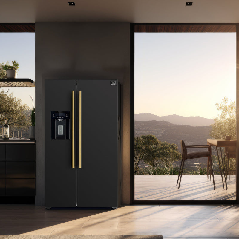 FORNO Espresso Salerno 36" 20 cu. ft. Side-By-Side Refrigerator with Water and Ice Dispenser in Black with Antique Brass Handles