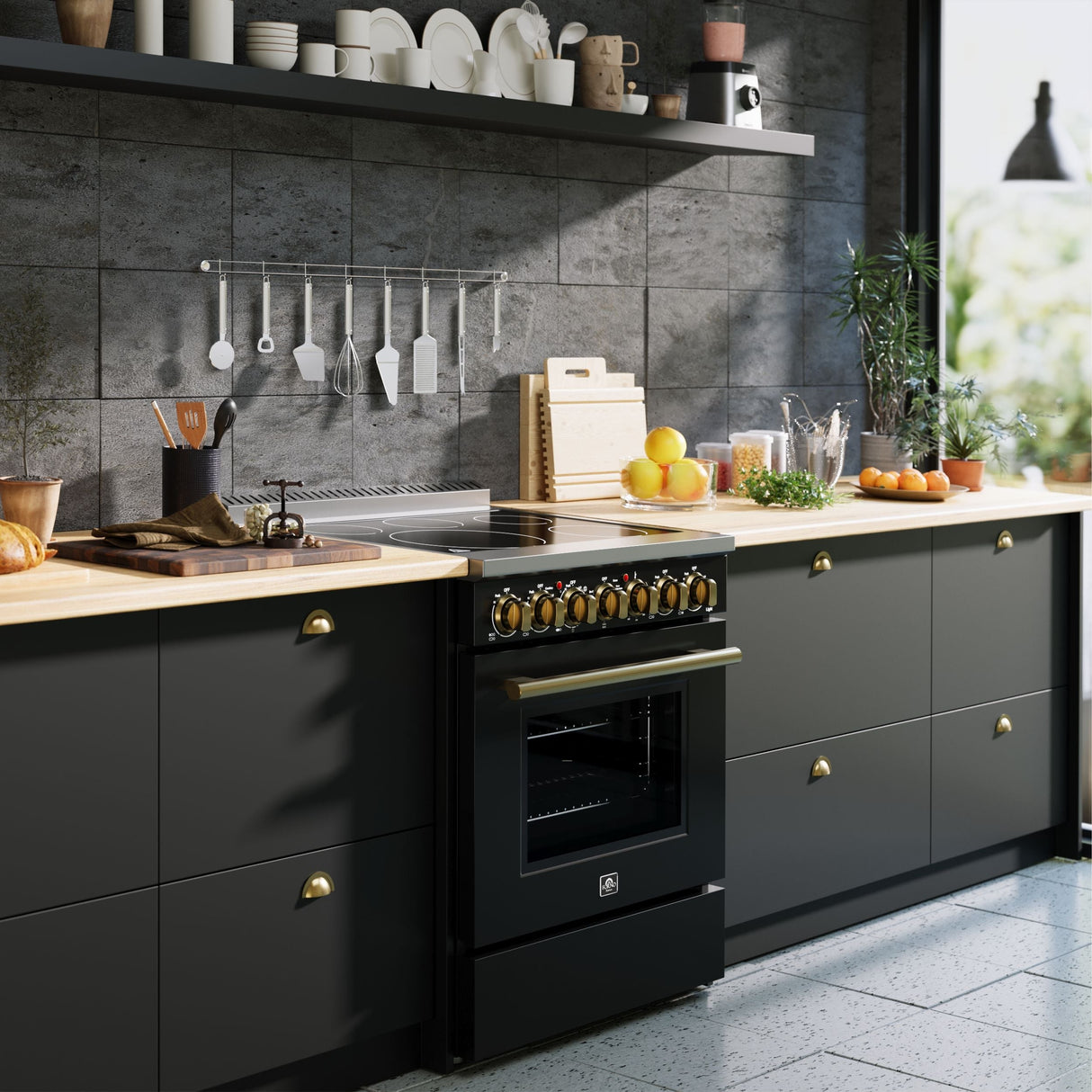 FORNO Paolo 30" 4.38 cu. ft. Freestanding Electric Range in Black with Antique Brass Handles, FFSEL6011-30BLK