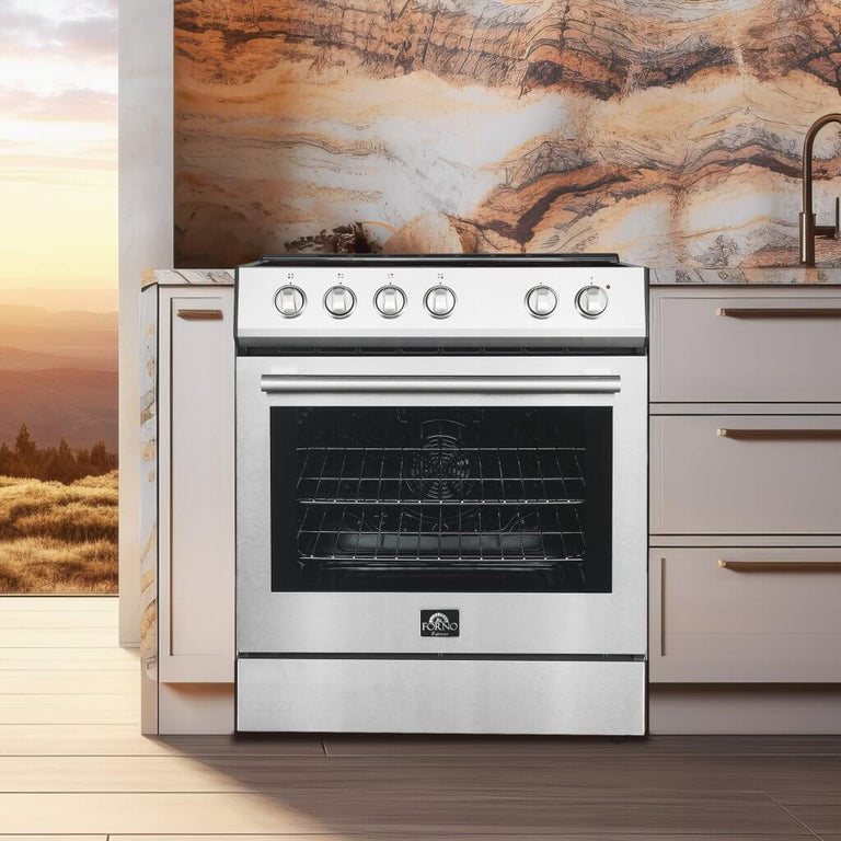 FORNO Espresso Package - 30" Electric Range, Range Hood, Refrigerator and Dishwasher in Stainless Steel with Silver Handles