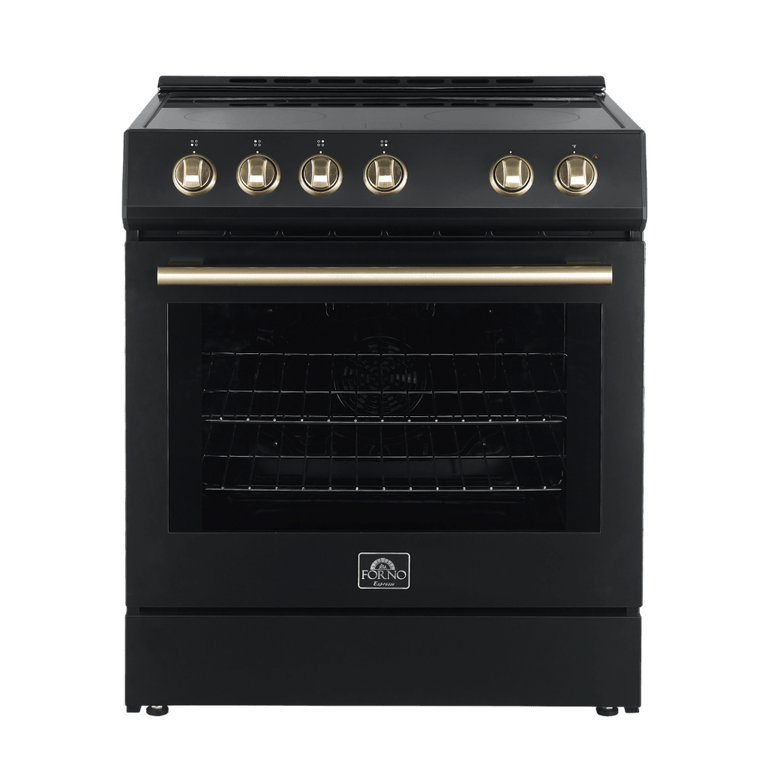 FORNO Espresso Package - 30" Electric Range, Range Hood and Refrigerator in Black with Antique Brass Handles