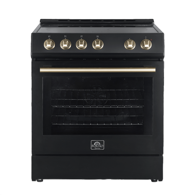 FORNO Espresso Package - 30" Electric Range, Range Hood and Dishwasher in Black with Antique Brass Handles