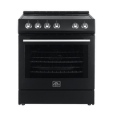 FORNO Espresso Package - 30" Electric Range, Range Hood, Refrigerator and Dishwasher in Black with Silver Handles