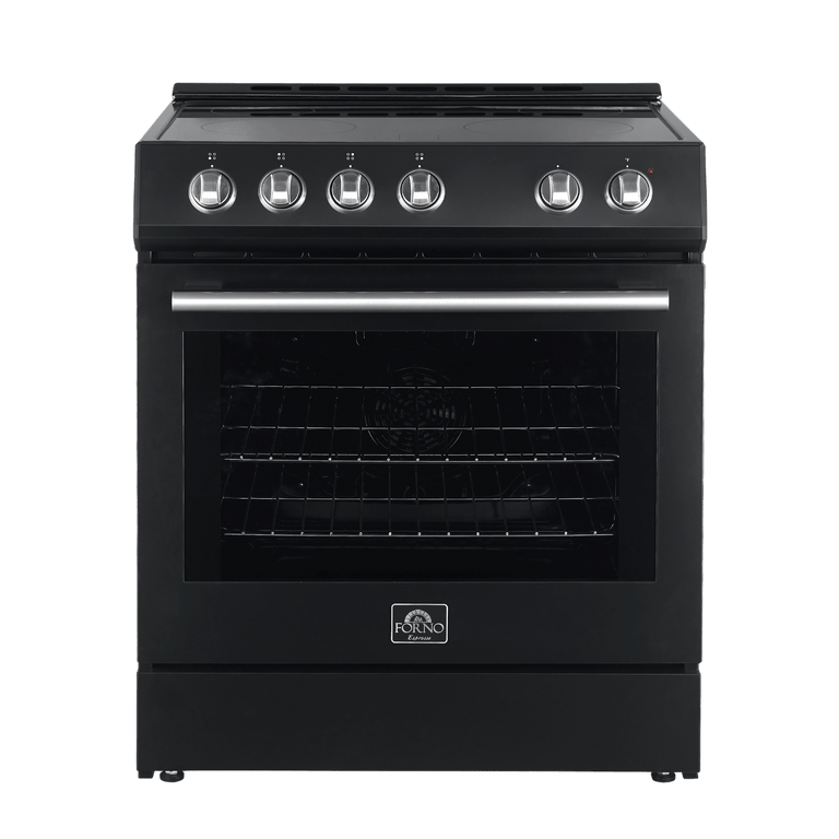 FORNO Espresso Package - 30" Electric Range, Range Hood, Refrigerator and Dishwasher in Black with Silver Handles