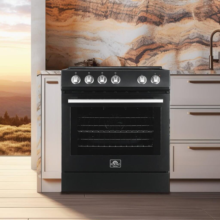 FORNO Espresso Package - 30" Electric Range and Range Hood in Black with Antique Brass Handles, FBDL-002-02US