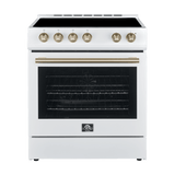 FORNO Espresso Package - 30" Electric Range, Range Hood, Refrigerator and Dishwasher in White with Antique Brass Handles