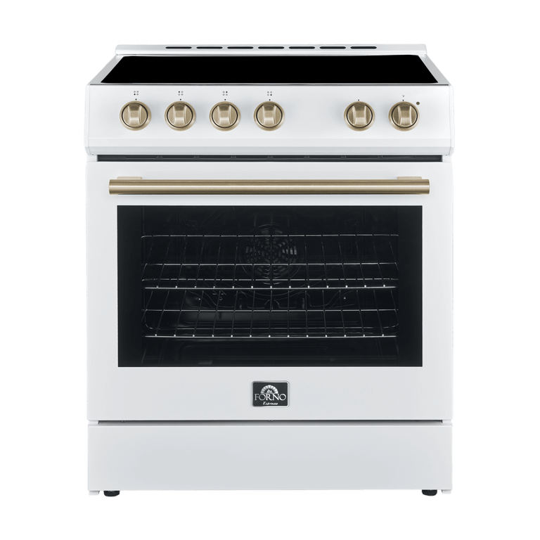 FORNO Espresso Package - 30" Electric Range, Range Hood, Refrigerator and Dishwasher in White with Antique Brass Handles