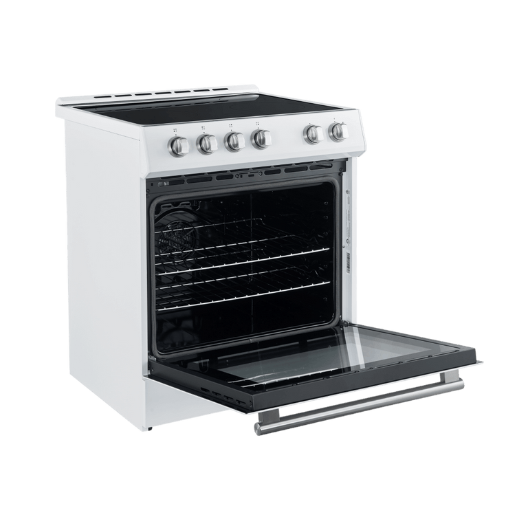 FORNO Espresso Package - 30" Electric Range, Range Hood, Refrigerator and Dishwasher in White with Antique Brass Handles