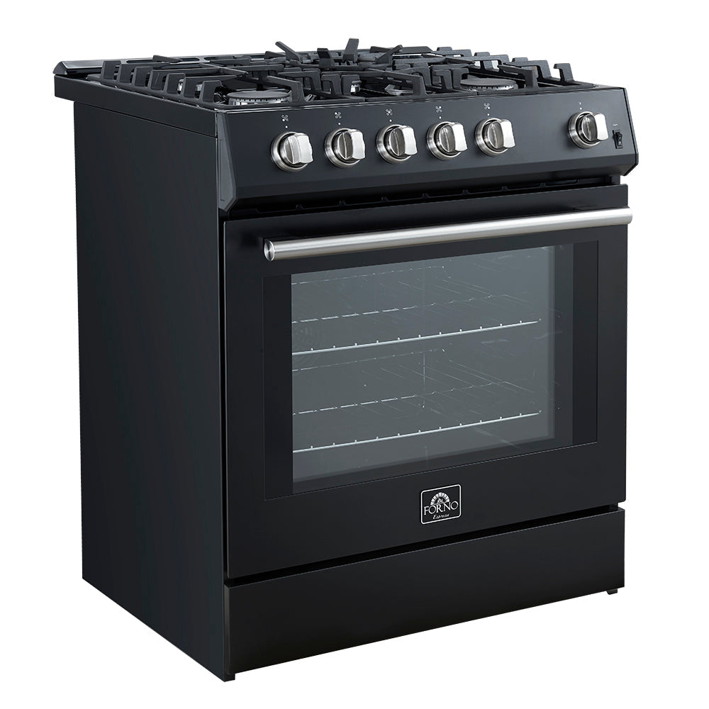 FORNO Espresso Leonardo 30" 5 cu. ft. Gas Range in Black with Silver Handles, FFSGS1116-30BLK