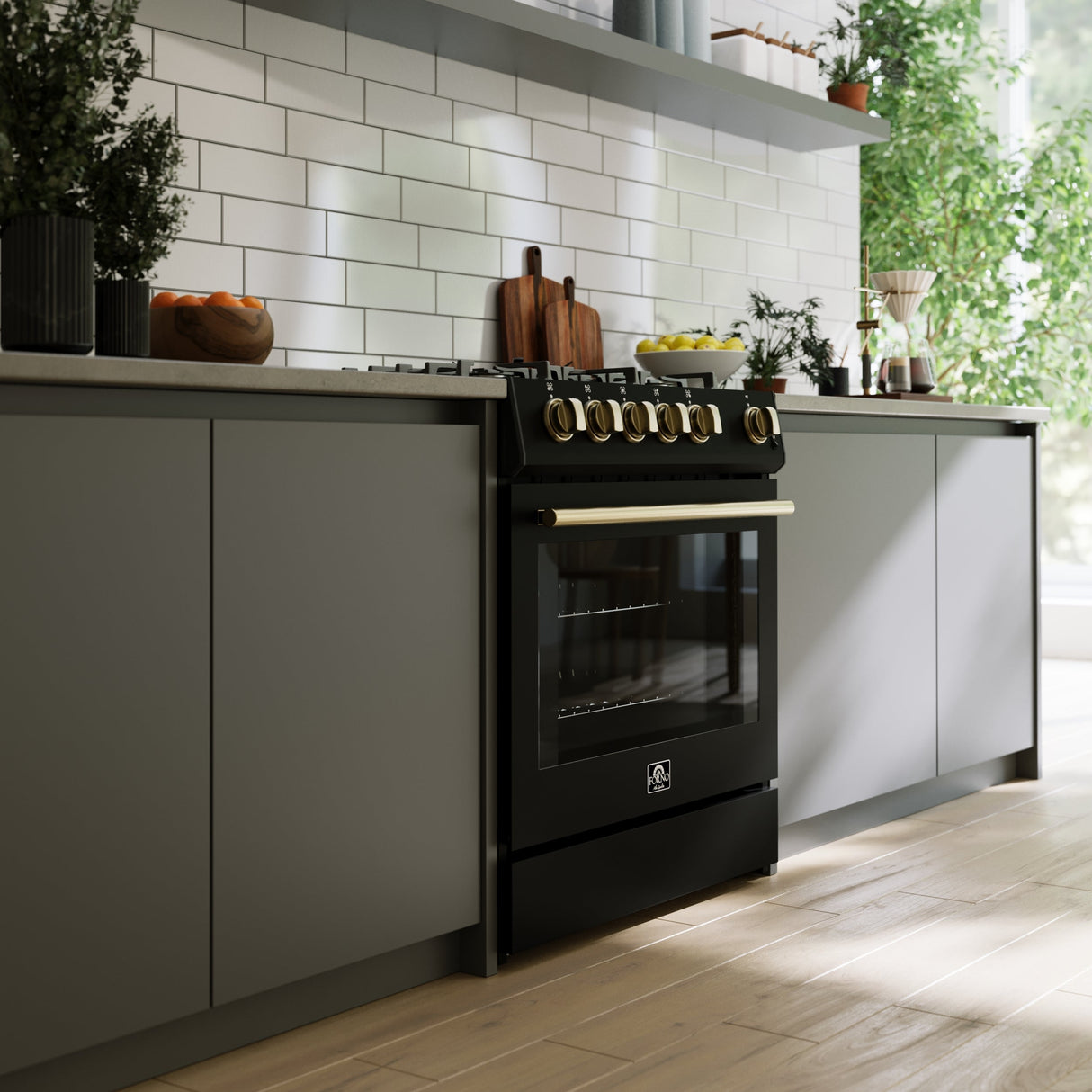 FORNO Espresso Leonardo 30" 5 cu. ft. Gas Range in Black with Antique Brass Handles, FFSGS1116-30BLK