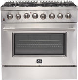 FORNO Package - 36 Inch Dual Fuel Range, Wall Mount Range Hood, Refrigerator, Microwave Drawer, Dishwasher, AP-FFSGS6156-36-8