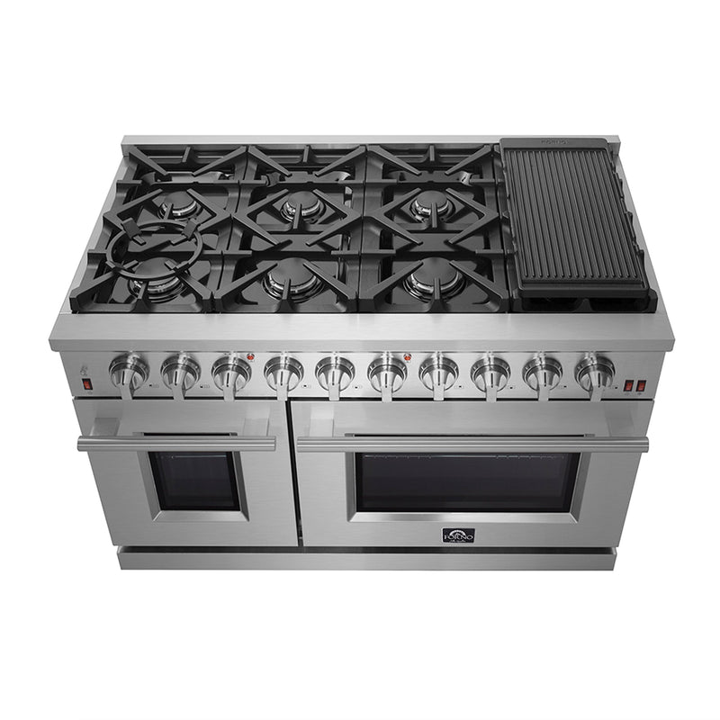 FORNO Appliance Package - 48" Gas Range, Range Hood, 36" Refrigerator, Dishwasher, Microwave Drawer, Wine Cooler, AP-FFSGS6239-48-5