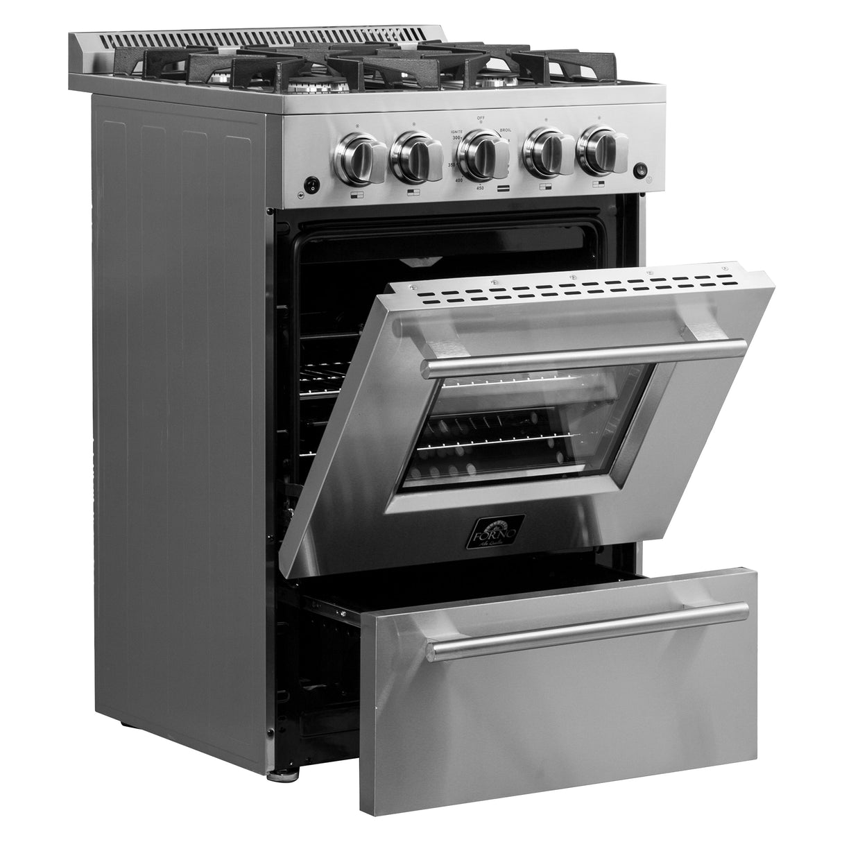 FORNO Breno 24" 2.3 cu. ft. Freestanding Gas Range with 4 Sealed Burners in Stainless Steel, FFSGS6272-24