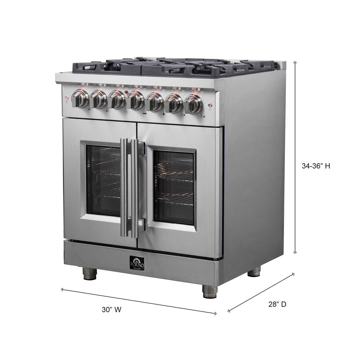 FORNO Massimo 30″ 4.32 cu. ft. Freestanding French Door Dual Fuel Range with 5 Burners, FFSGS6325-30
