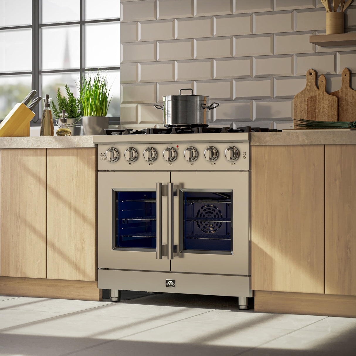 FORNO Massimo 36" 5.36 cu. ft. Freestanding French Door Gas Range with 6 Burners, FFSGS6439-36