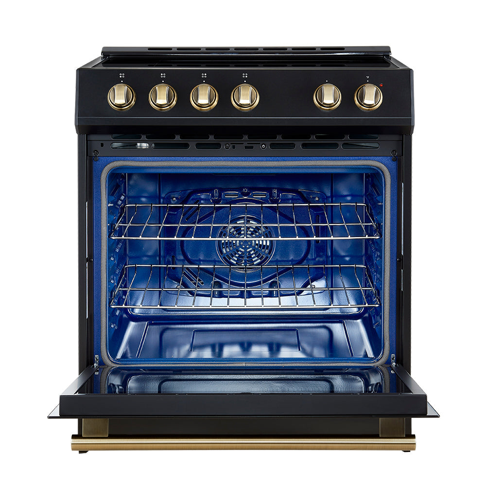 FORNO Espresso Leonardo 30" 5 cu. ft. Induction Range with Knob Control in Black and Antique Brass Accents, FFSIN0982-30BLK