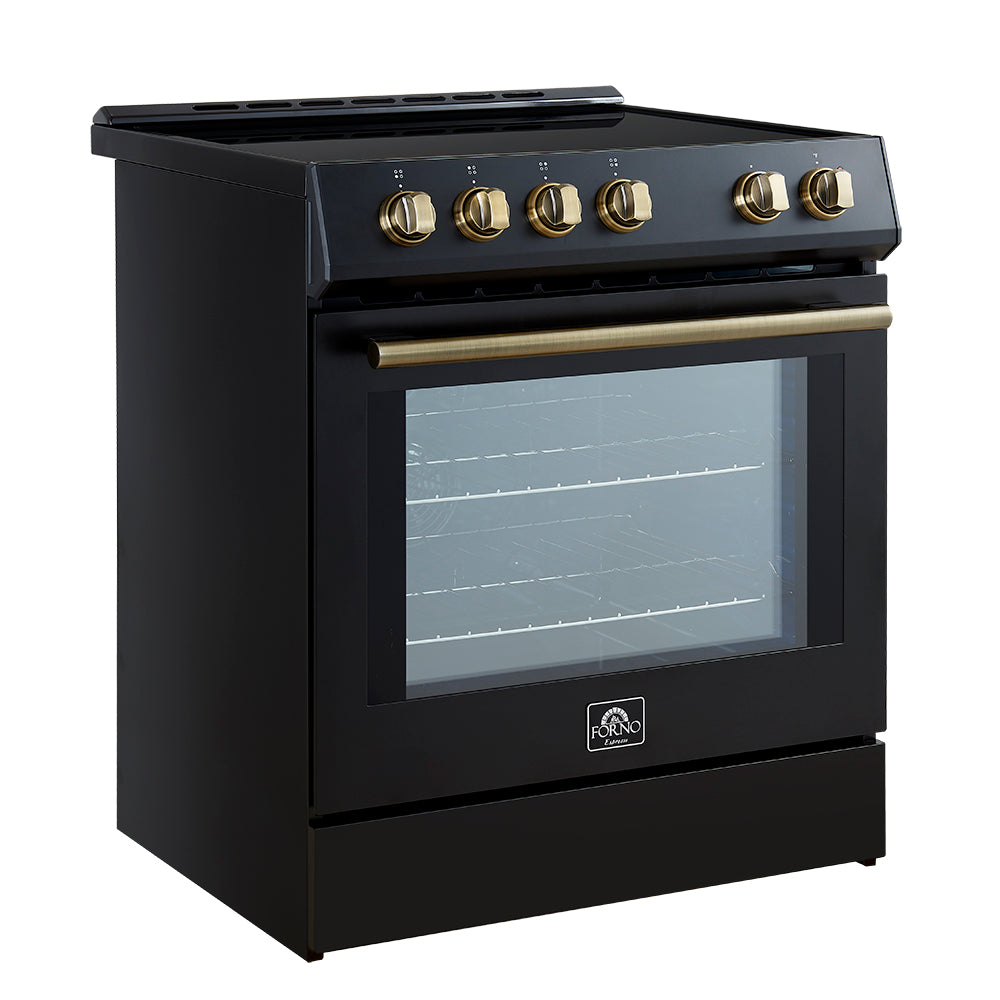 FORNO Espresso Leonardo 30" 5 cu. ft. Induction Range with Knob Control in Black and Antique Brass Accents, FFSIN0982-30BLK