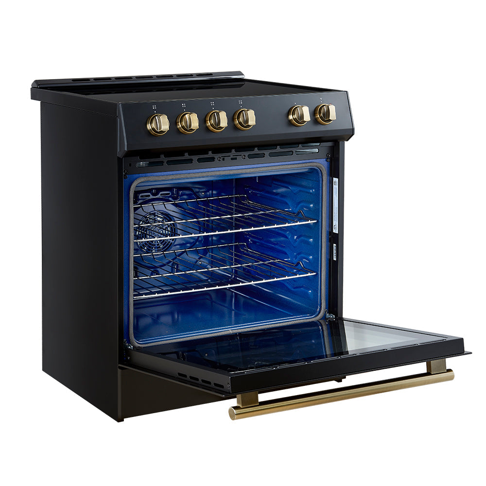 FORNO Espresso Leonardo 30" 5 cu. ft. Induction Range with Knob Control in Black and Antique Brass Accents, FFSIN0982-30BLK