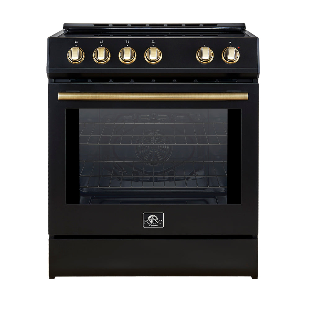 FORNO Espresso Leonardo 30" 5 cu. ft. Induction Range with Knob Control in Black and Antique Brass Accents, FFSIN0982-30BLK