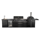 FORNO All’Aperto Outdoor Kitchen Set - 87,600 BTU Gas Grill with 4 Burners + Side Burner, Gas Pizza Oven, Sink Module/Beverage Center with Black Sintered Stone Countertop