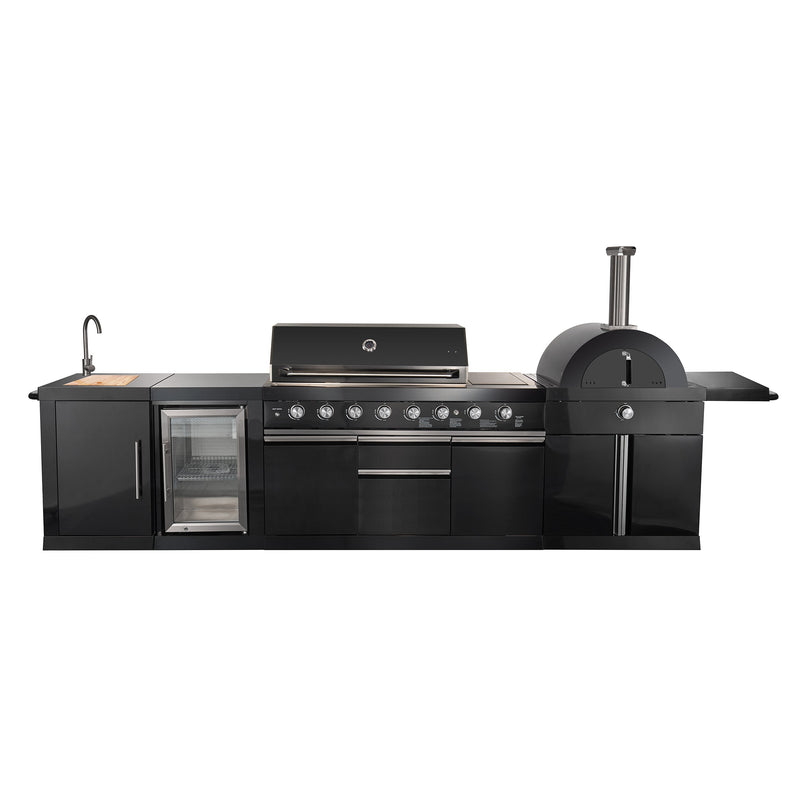 FORNO All’Aperto Outdoor Kitchen Set - 87,600 BTU Gas Grill with 4 Burners + Side Burner, Gas Pizza Oven, Sink Module/Beverage Center with Black Sintered Stone Countertop