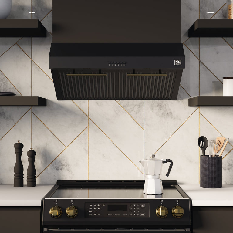 FORNO Espresso Package - 30" Electric Range, Range Hood, Refrigerator and Dishwasher in Black with Antique Brass Handles