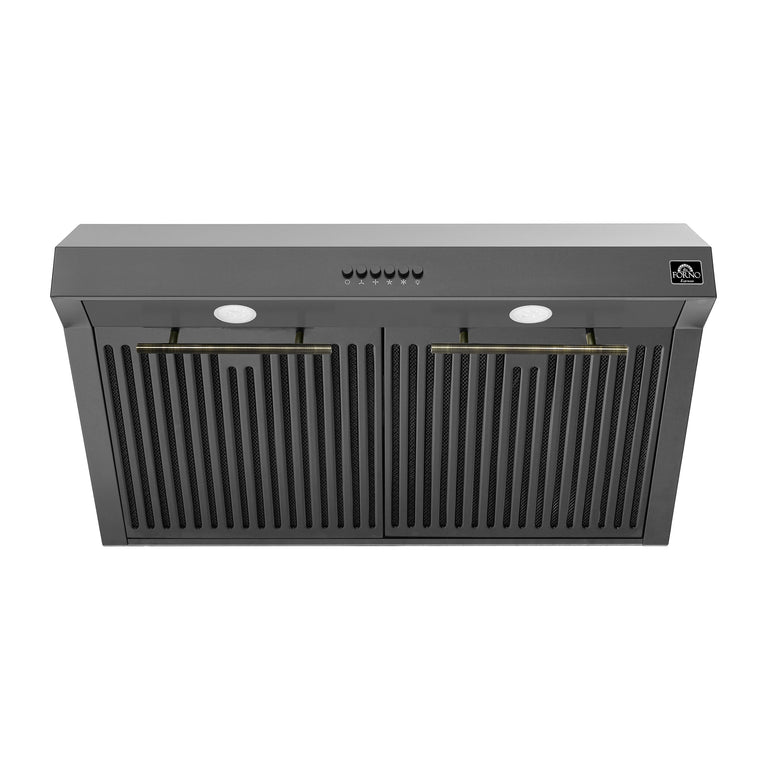 FORNO Espresso Package - 30" Electric Range, Range Hood and Dishwasher in Black with Antique Brass Handles