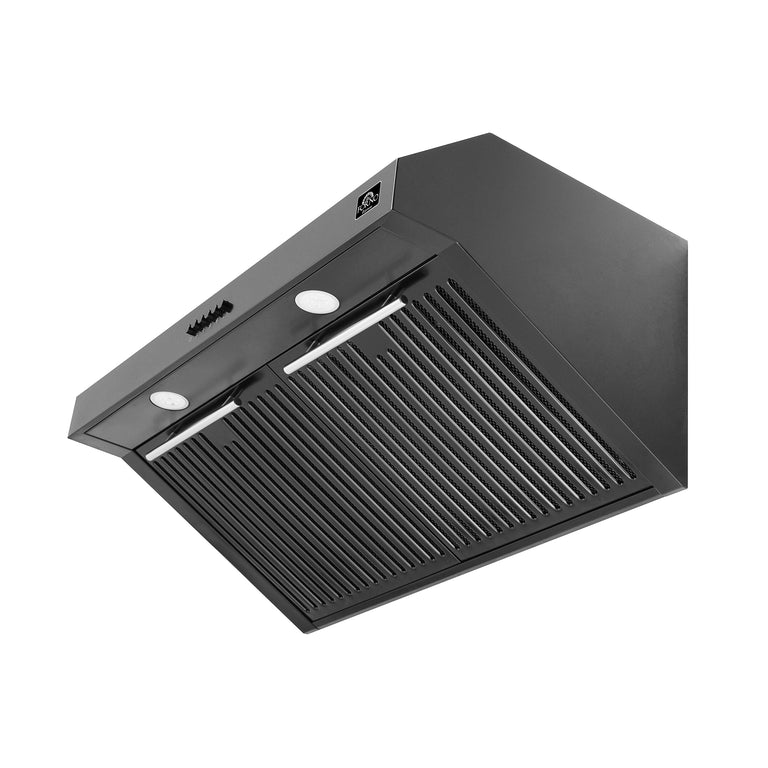 FORNO Espresso Package - 30" Electric Range, Range Hood, Refrigerator and Dishwasher in Black with Silver Handles
