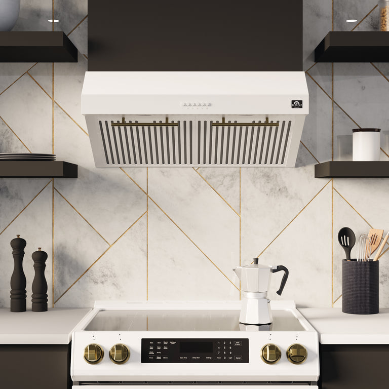 FORNO Espresso Package - 30" Electric Range, Range Hood, Refrigerator and Dishwasher in White with Silver Handles, FBDL-006-03US