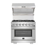 FORNO Appliance Package - 36 Inch Gas Burner/Electric Oven Pro Range, Wall Mount Range Hood, Refrigerator, AP-FFSGS6187-36-4