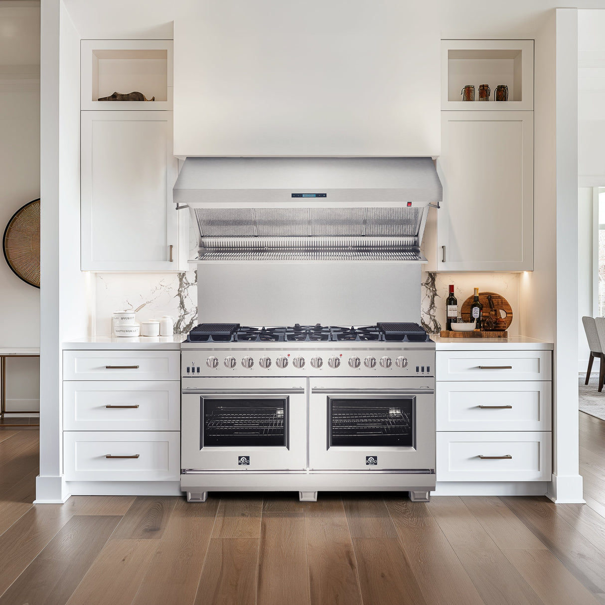 FORNO Savona 60" 1200 CFM Wall Mount Range Hood with Backsplash, Warming Lamp and Shelf, FRHWM5029-60HB