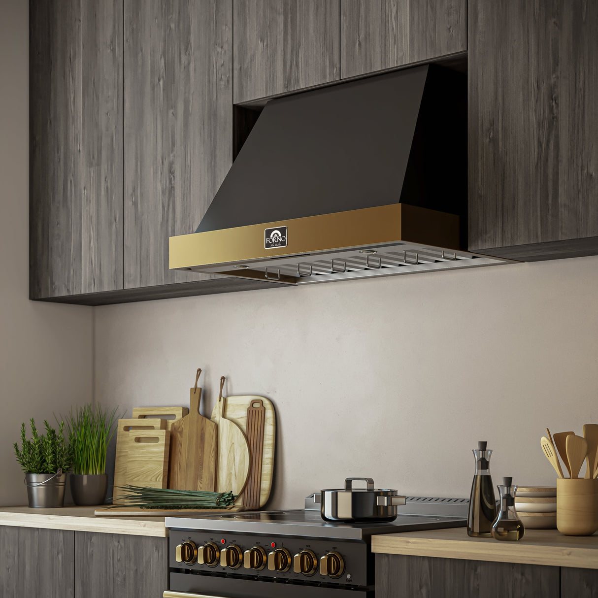 FORNO Vittorio 36" 600 CFM Wall Mount Range Hood in Black and Antique Brass Trim with Remote Control, FRHWM5078-36BLK
