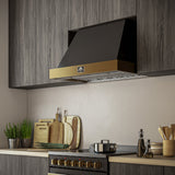 FORNO Vittorio 36" 600 CFM Wall Mount Range Hood in Black and Antique Brass Trim with Remote Control, FRHWM5078-36BLK