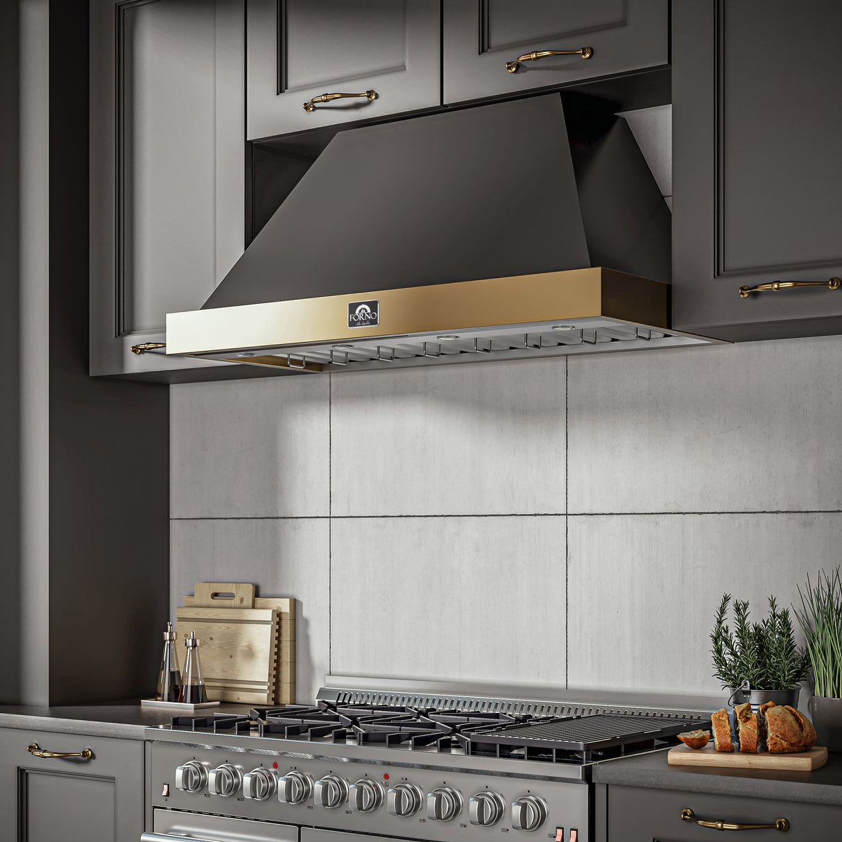 FORNO Vittorio 48" 600 CFM Wall Mount Range Hood in Black and Antique Brass Trim with Remote Control, FRHWM5078-48BLK